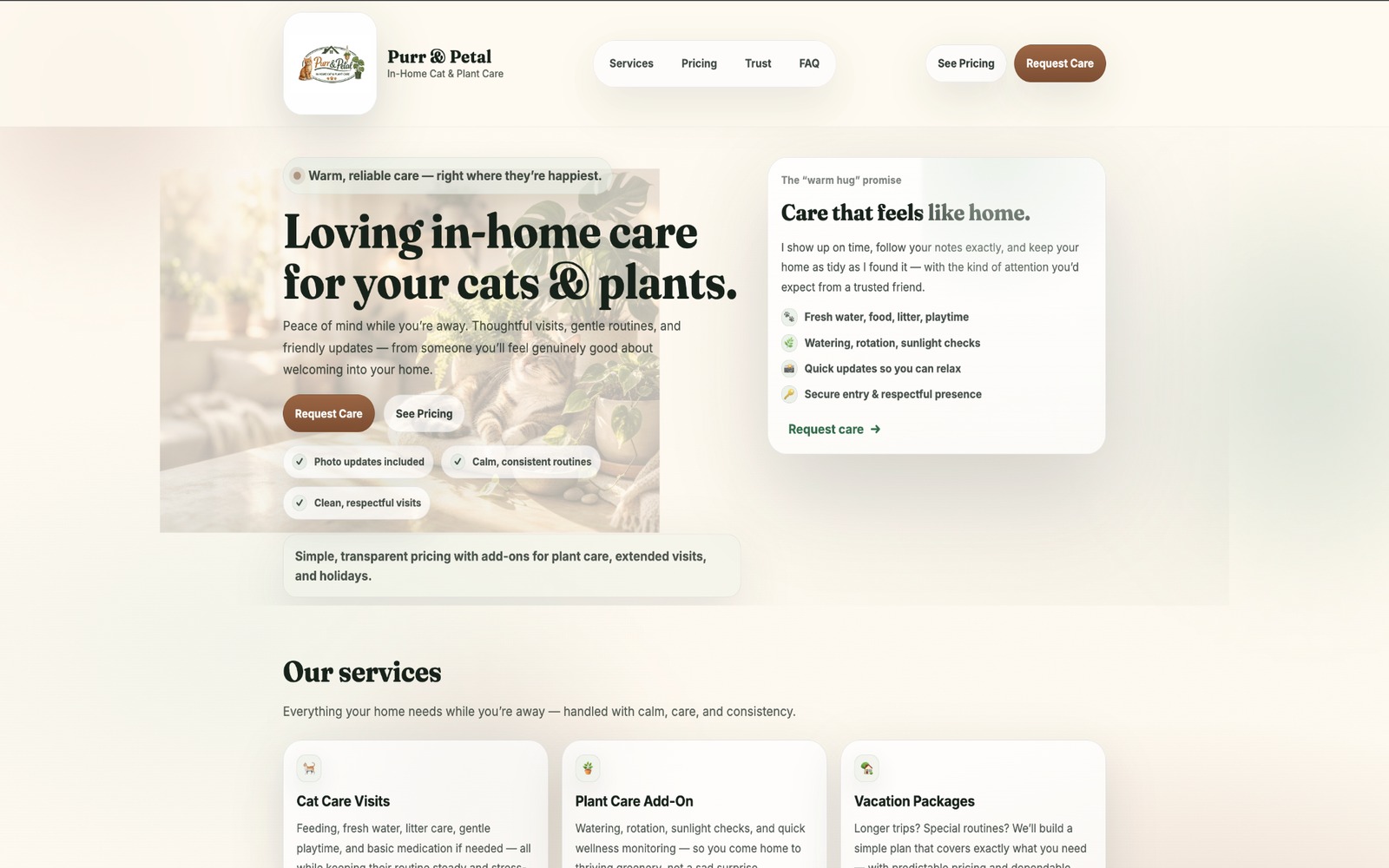 Purr & Petal in-home cat and plant care website screenshot